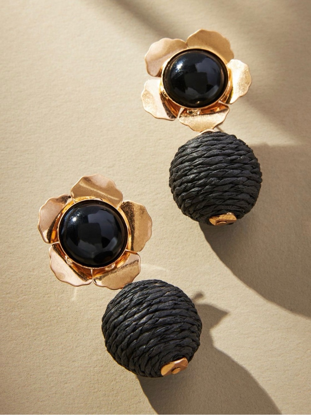 NWT Anthropologie Gold and Black Floral Raffia Drop Earrings